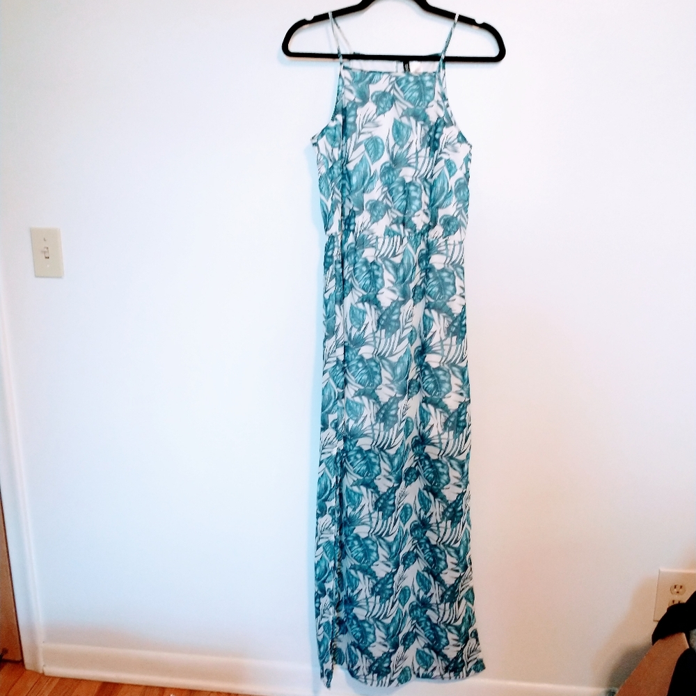 H&M Divided Blue White Palm Print Maxi Dress Slit Sides High Neck Size 6